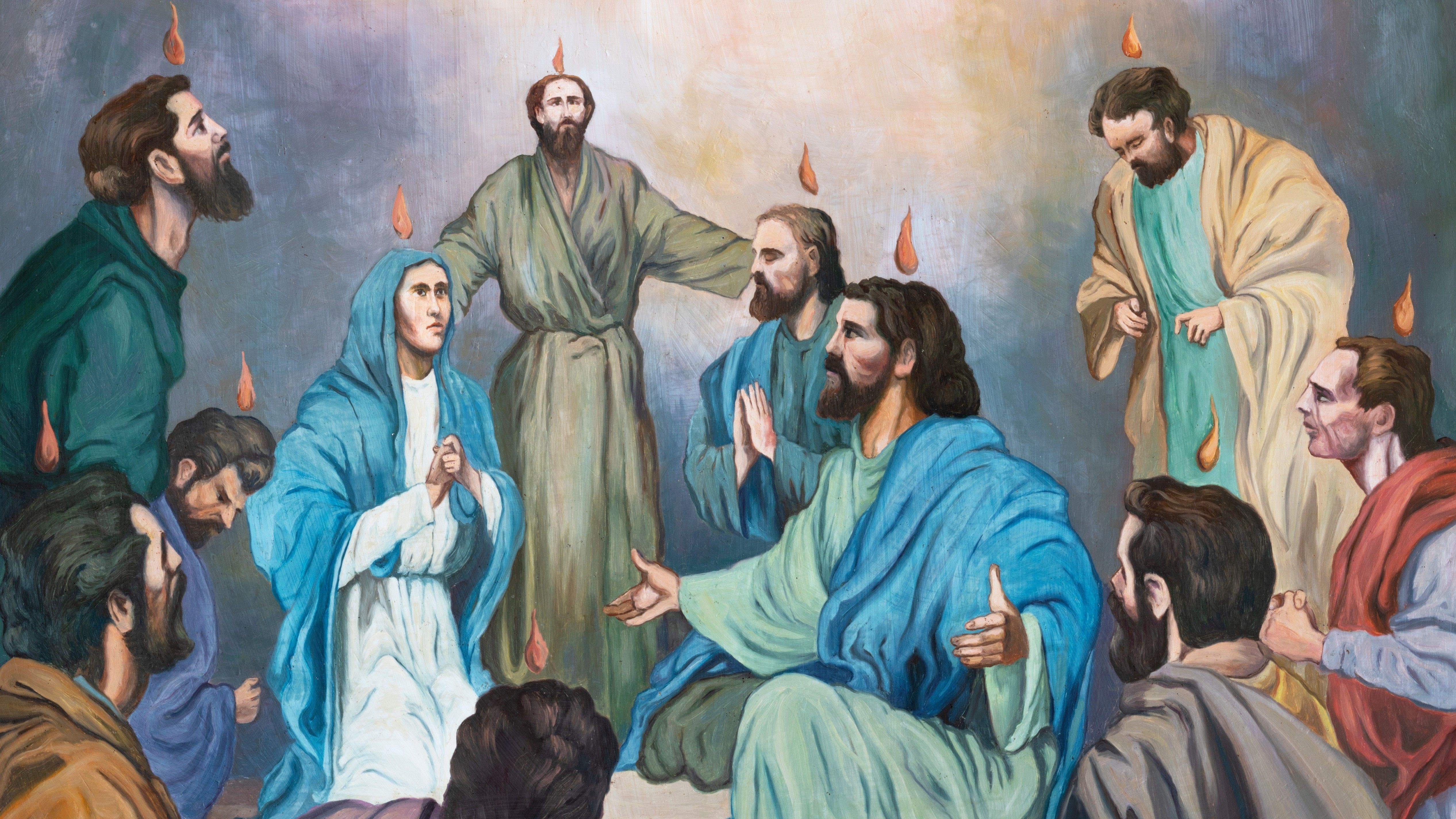 SEBECHLEBY, SLOVAKIA - OKTOBERT 8, 2022: The fresco of Pentecost in St. Michael parish church by Plekanec from 20. cent.