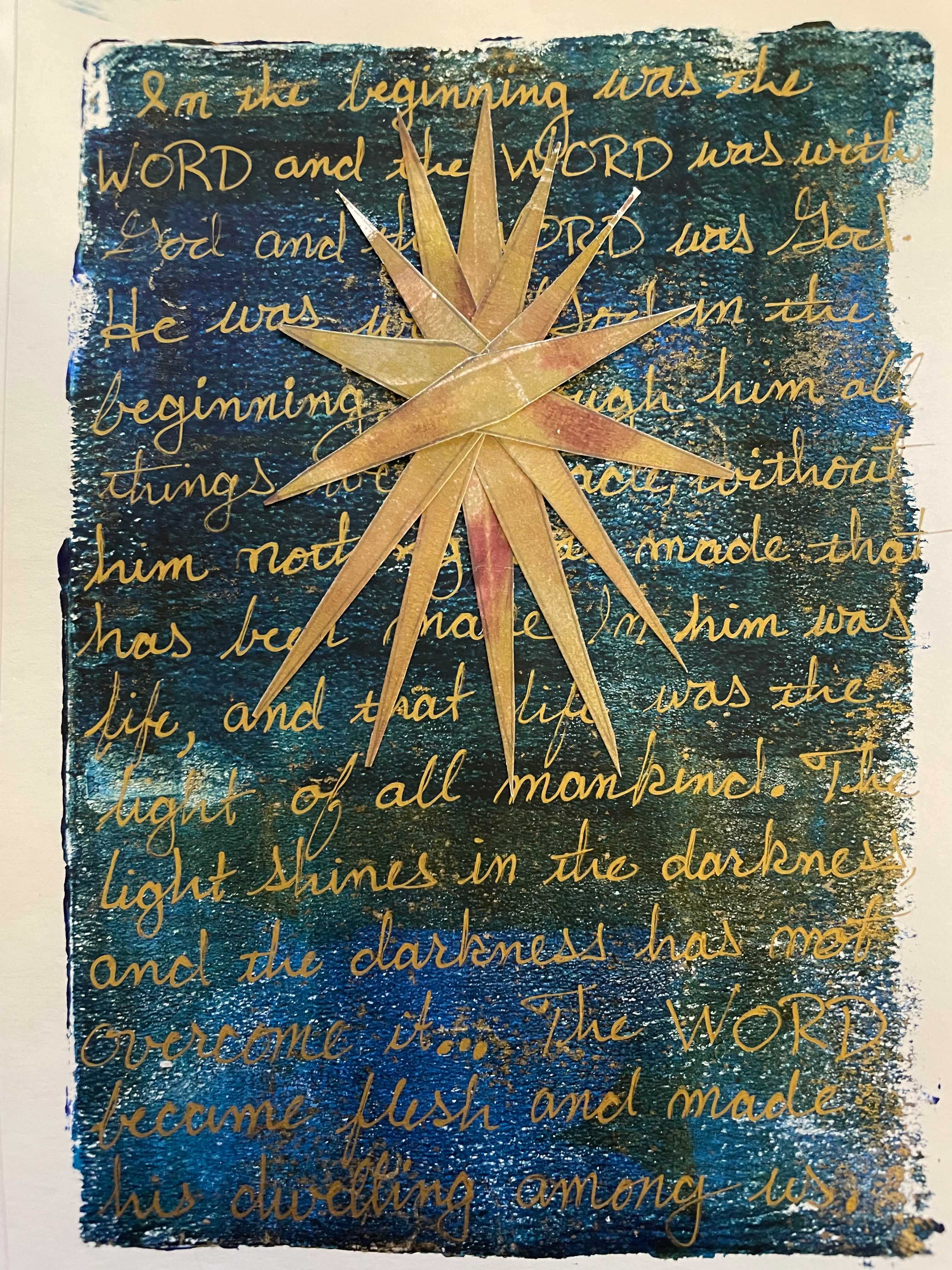 Gold Star with blue background, gold text.