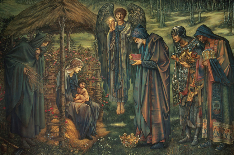 Wise men bringing gifts to baby Jesus