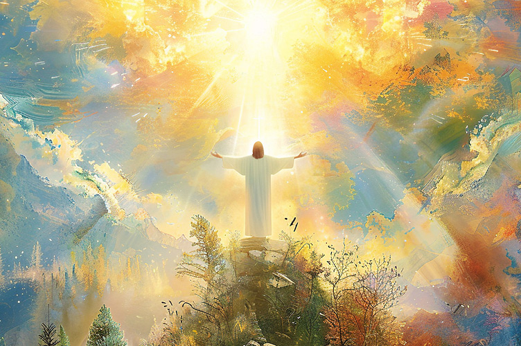 Jesus' arms stretched wide in the sunlight