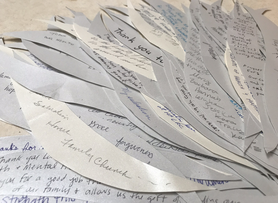 Many papers with notes of thanks on them 