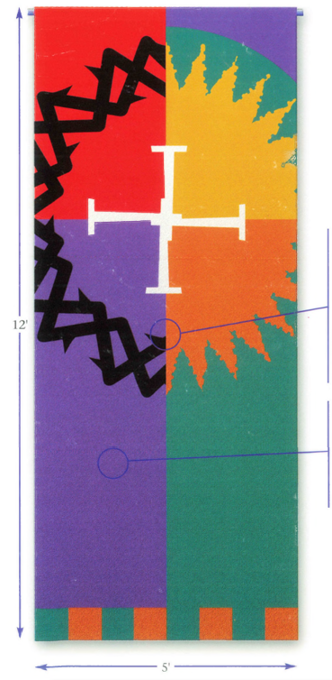 Banner with cross at center, thorns, sun pattern.