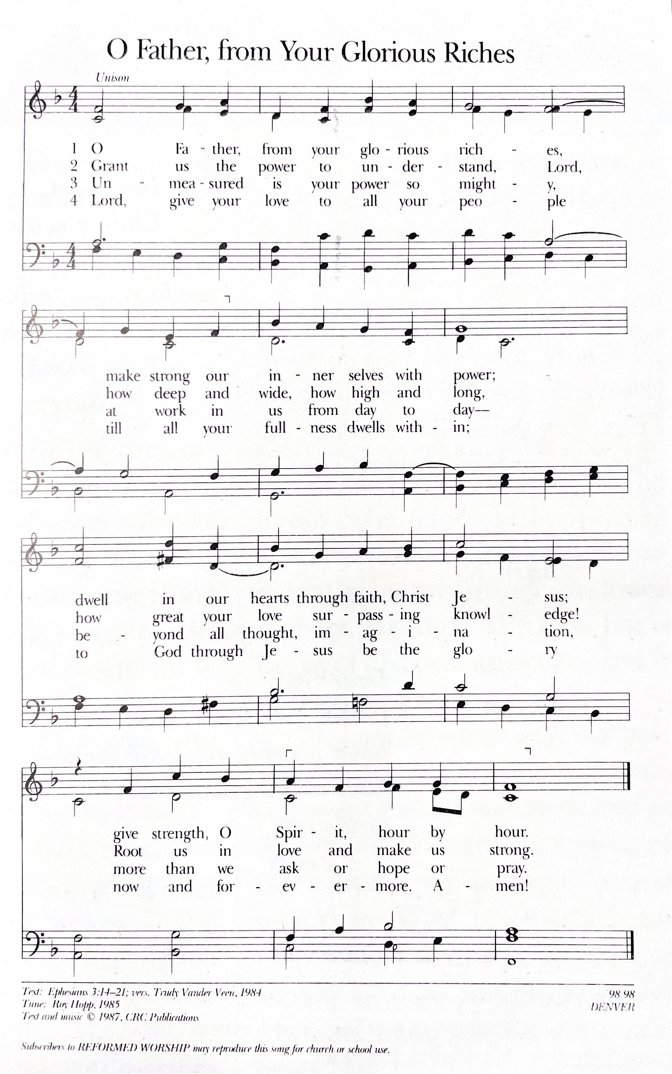 Music to O Father, from Your Glorious Riches, tune DENVER