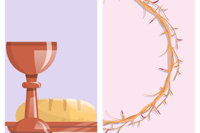 four-part image showing palm branches, communion elements, crown of thorns, and cross 