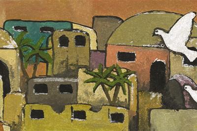 illustration of Bethlehem with two white doves flying in the foreground