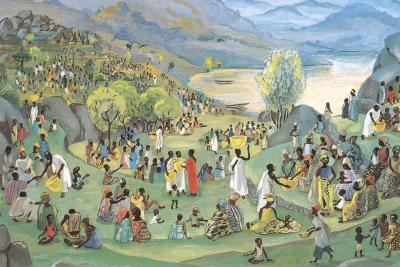 JESUS MAFA. Jesus multiplies the loaves and fish, from Art in the Christian Tradition, a project of the Vanderbilt University Divinity Library, Nashville, TN. https://act.library.vanderbilt.edu/artworks/48287 [retrieved September 10, 2026]. Original source: http://www.librairie-emmanuel.fr (contact page: https://www.librairie-emmanuel.fr/contact).
