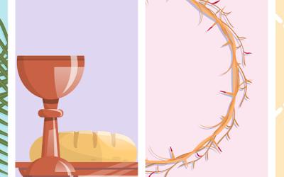 four-part image showing palm branches, communion elements, crown of thorns, and cross 
