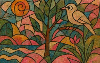 Abstract image of a bird, tree, flower, water and sun