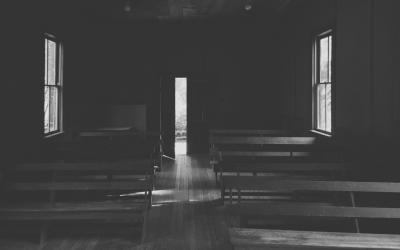 dark church with pews