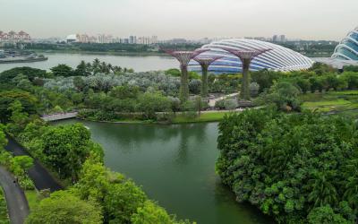 Panoramic aerial view of Gardens by the Bay Singapore with modern structures and outdoor spaces.
