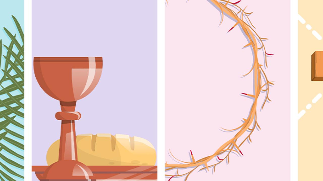 four-part image showing palm branches, communion elements, crown of thorns, and cross 