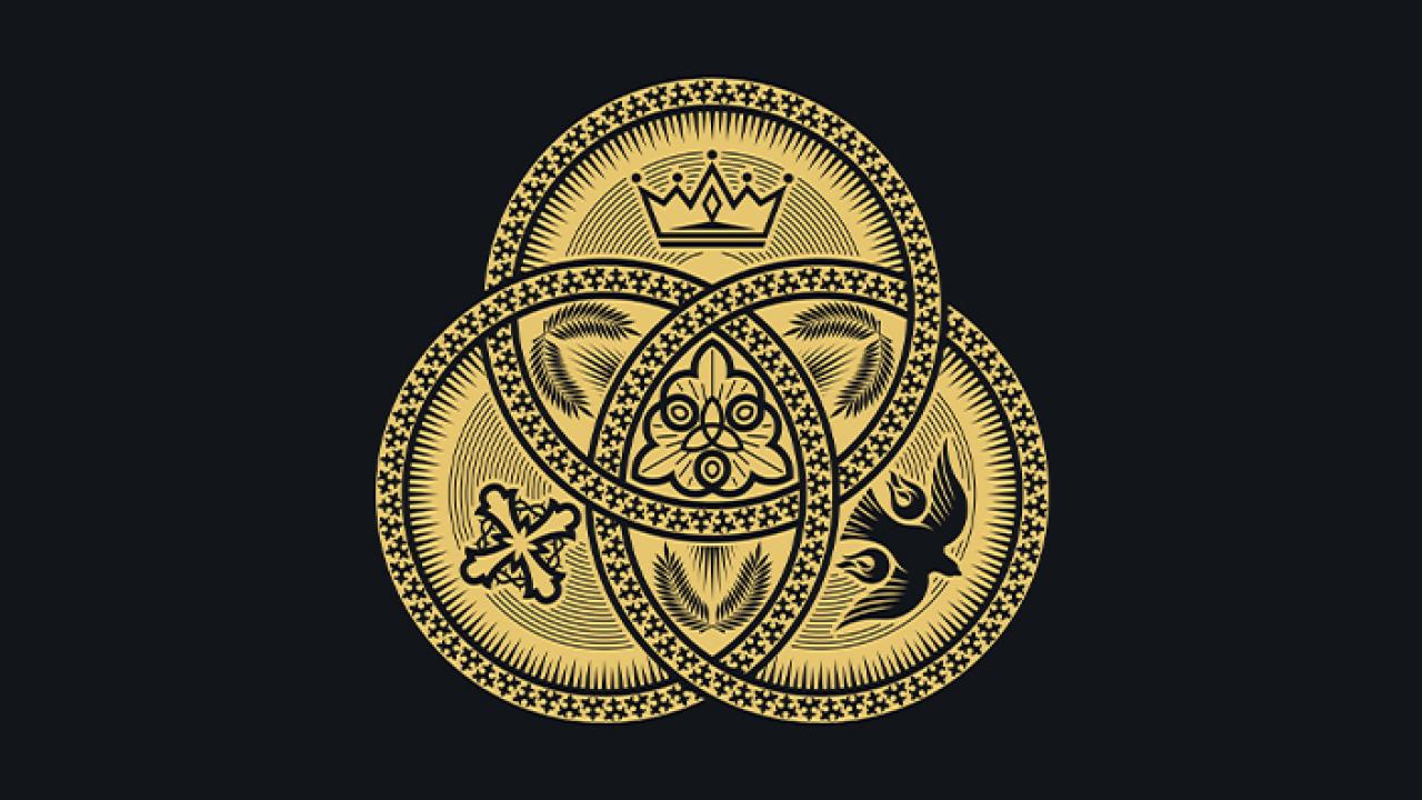 Three interlocking circles with symbols representing the three persons of the Trinity