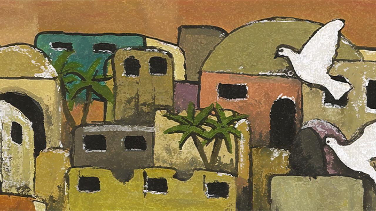 illustration of Bethlehem with two white doves flying in the foreground