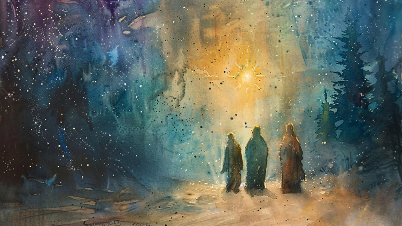Three figures walking toward a bright star