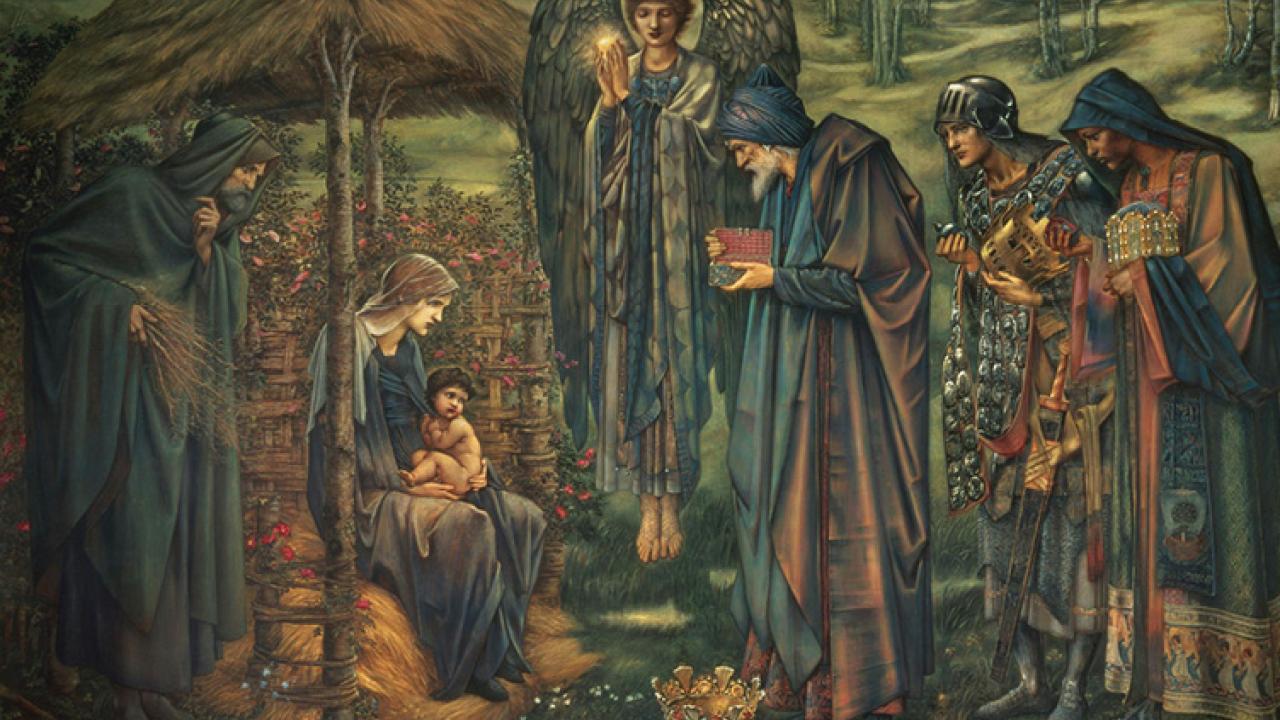 Wise men bringing gifts to baby Jesus