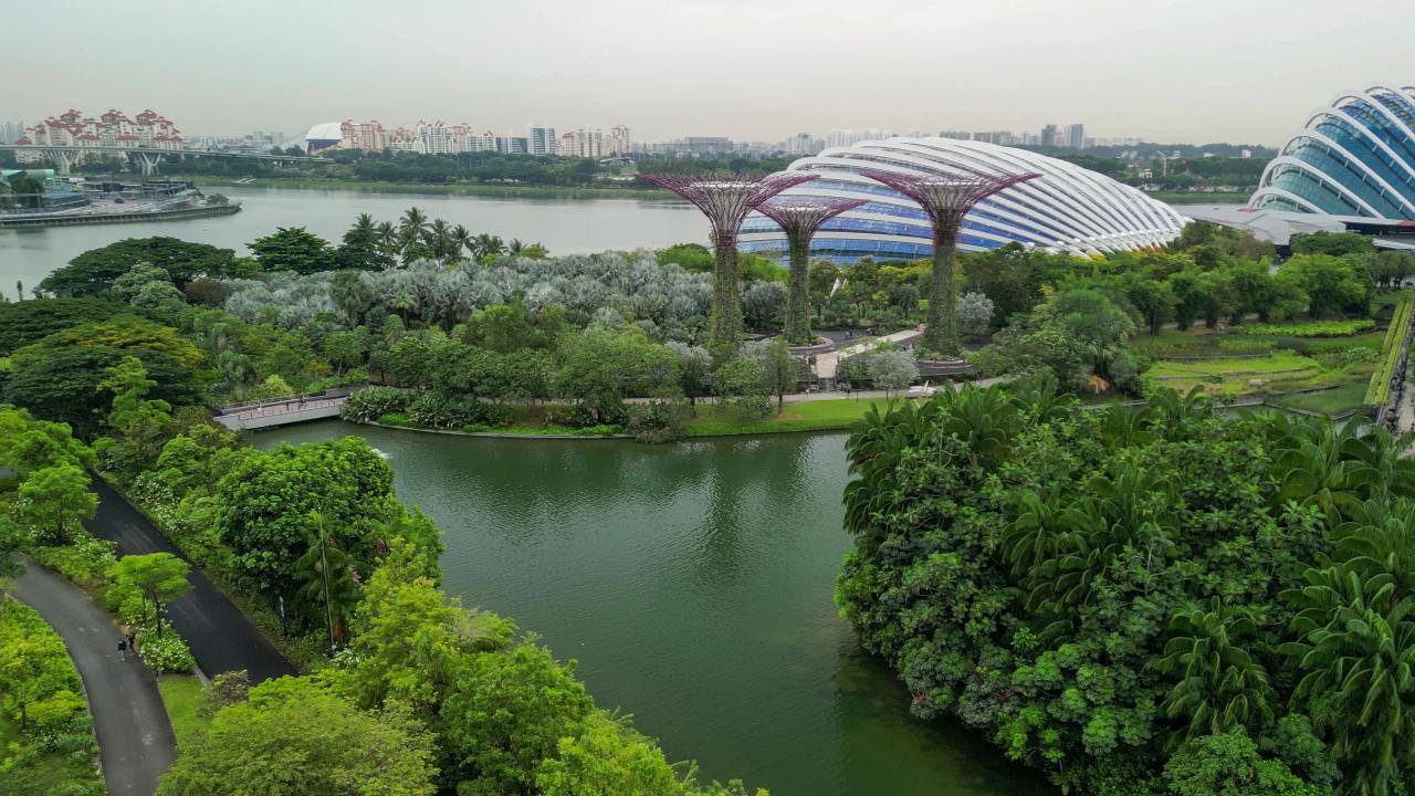 Panoramic aerial view of Gardens by the Bay Singapore with modern structures and outdoor spaces.