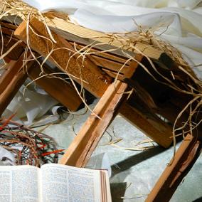 Manger, crown of thorns, and Bible