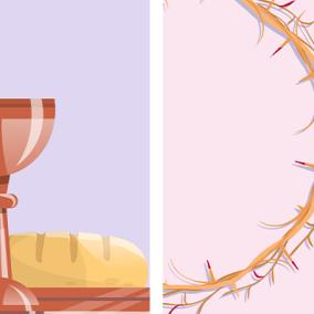 four-part image showing palm branches, communion elements, crown of thorns, and cross 