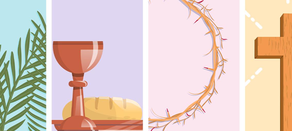 four-part image showing palm branches, communion elements, crown of thorns, and cross 