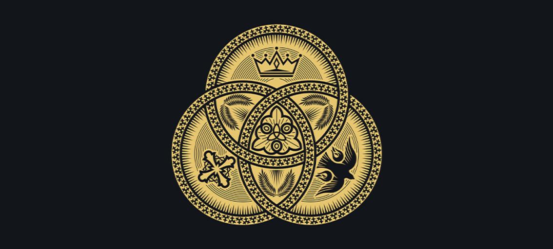 Three interlocking circles with symbols representing the three persons of the Trinity