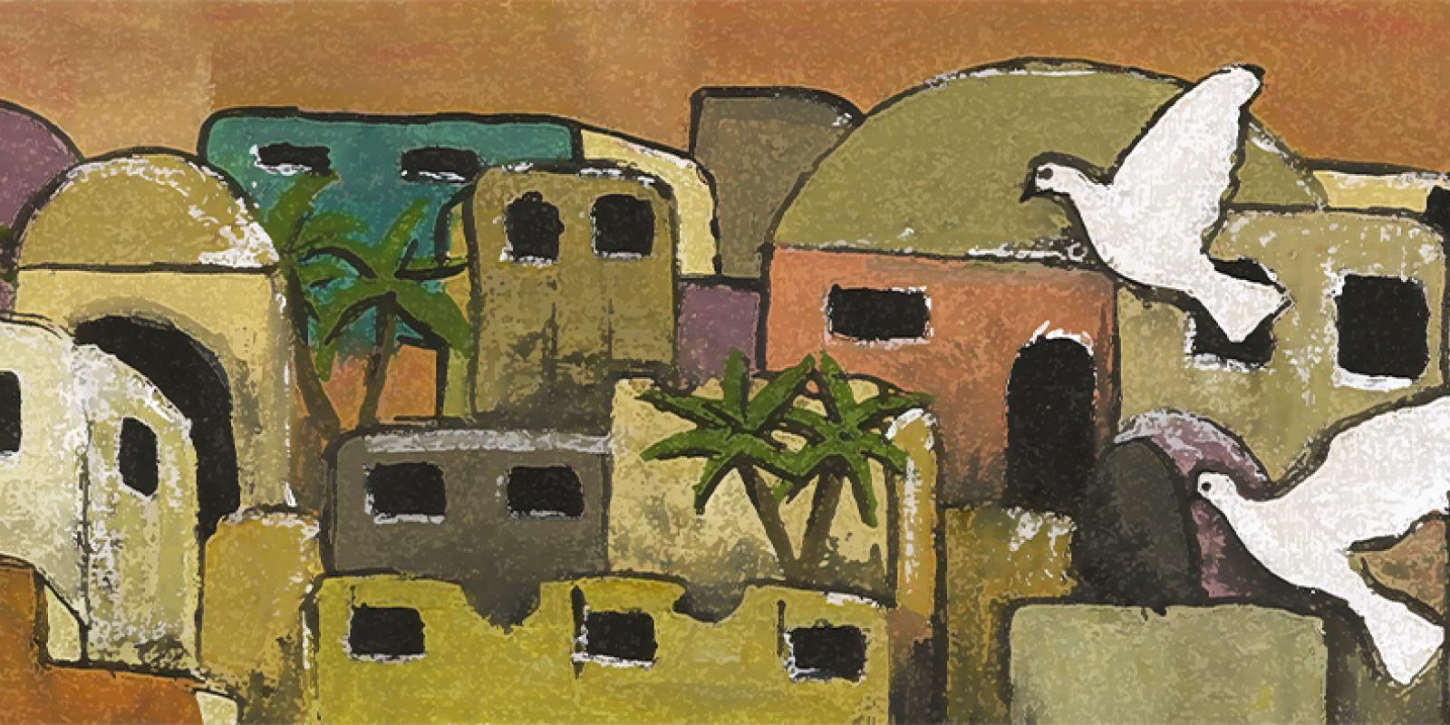 illustration of Bethlehem with two white doves flying in the foreground