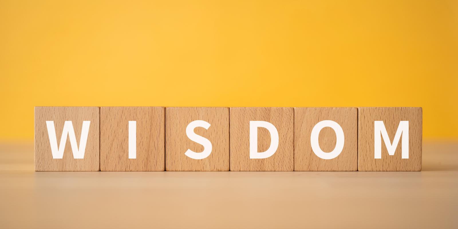 Wooden blocks that spell "Wisdom"