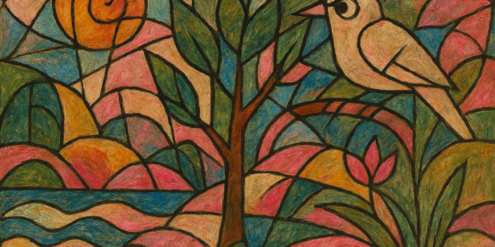 Abstract image of a bird, tree, flower, water and sun