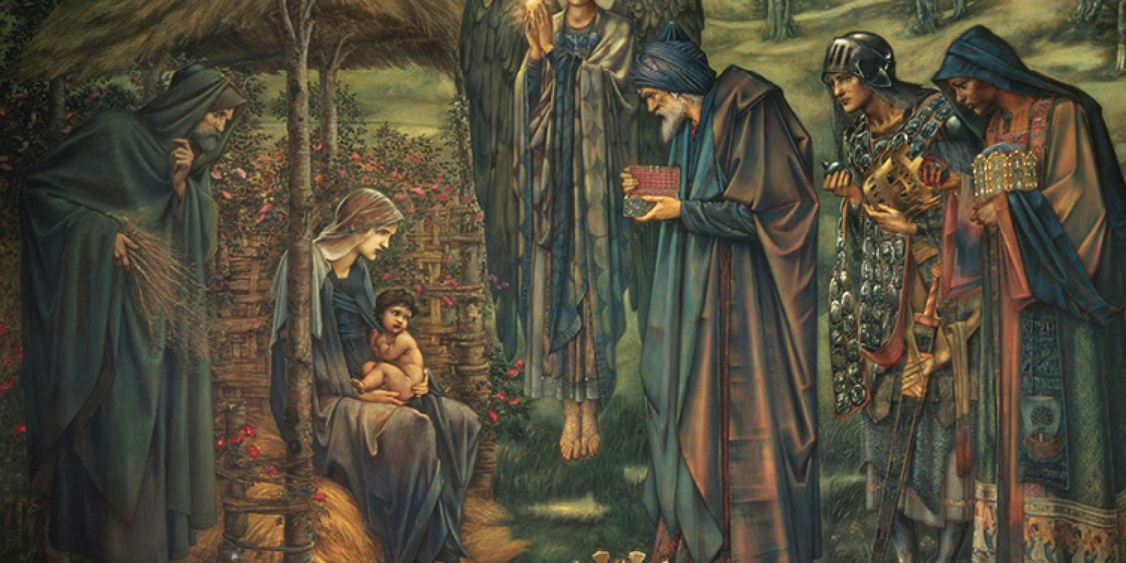 Wise men bringing gifts to baby Jesus