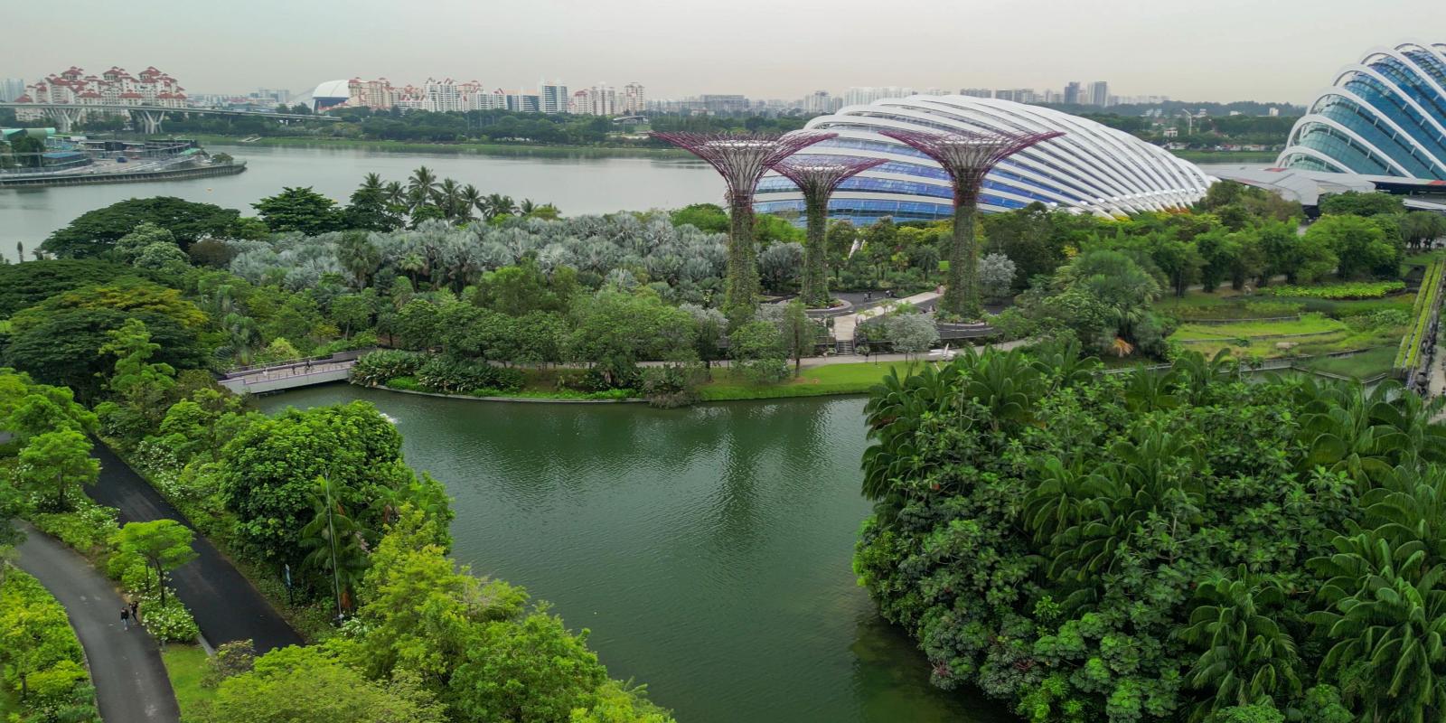 Panoramic aerial view of Gardens by the Bay Singapore with modern structures and outdoor spaces.