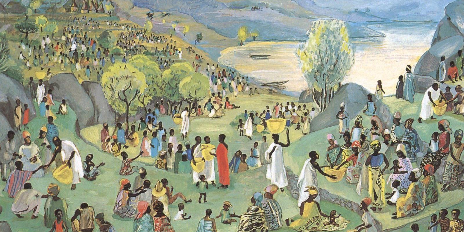 JESUS MAFA. Jesus multiplies the loaves and fish, from Art in the Christian Tradition, a project of the Vanderbilt University Divinity Library, Nashville, TN. https://act.library.vanderbilt.edu/artworks/48287 [retrieved September 10, 2026]. Original source: http://www.librairie-emmanuel.fr (contact page: https://www.librairie-emmanuel.fr/contact).